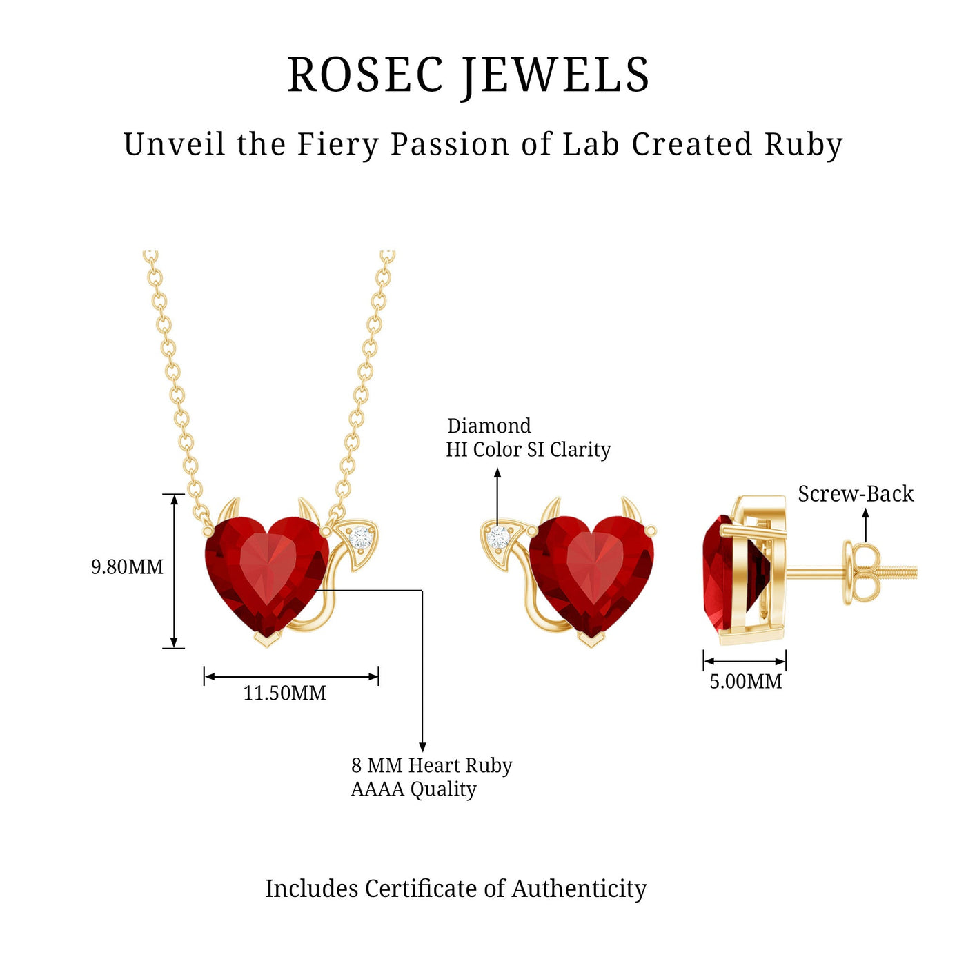 Lab Grown Ruby Heart Necklace And Earrings Set With Diamond Rosec Jewels