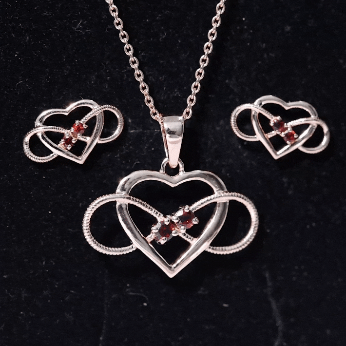 Natural Garnet Heart Infinity Necklace and Earrings Set Rosec Jewels
