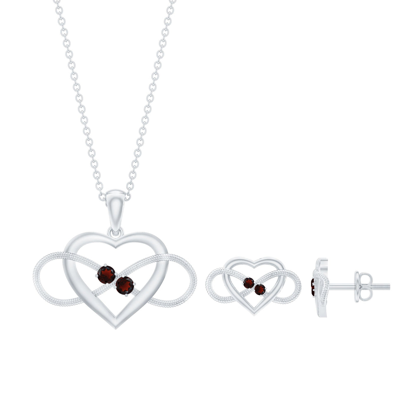 Natural Garnet Heart Infinity Necklace and Earrings Set Rosec Jewels