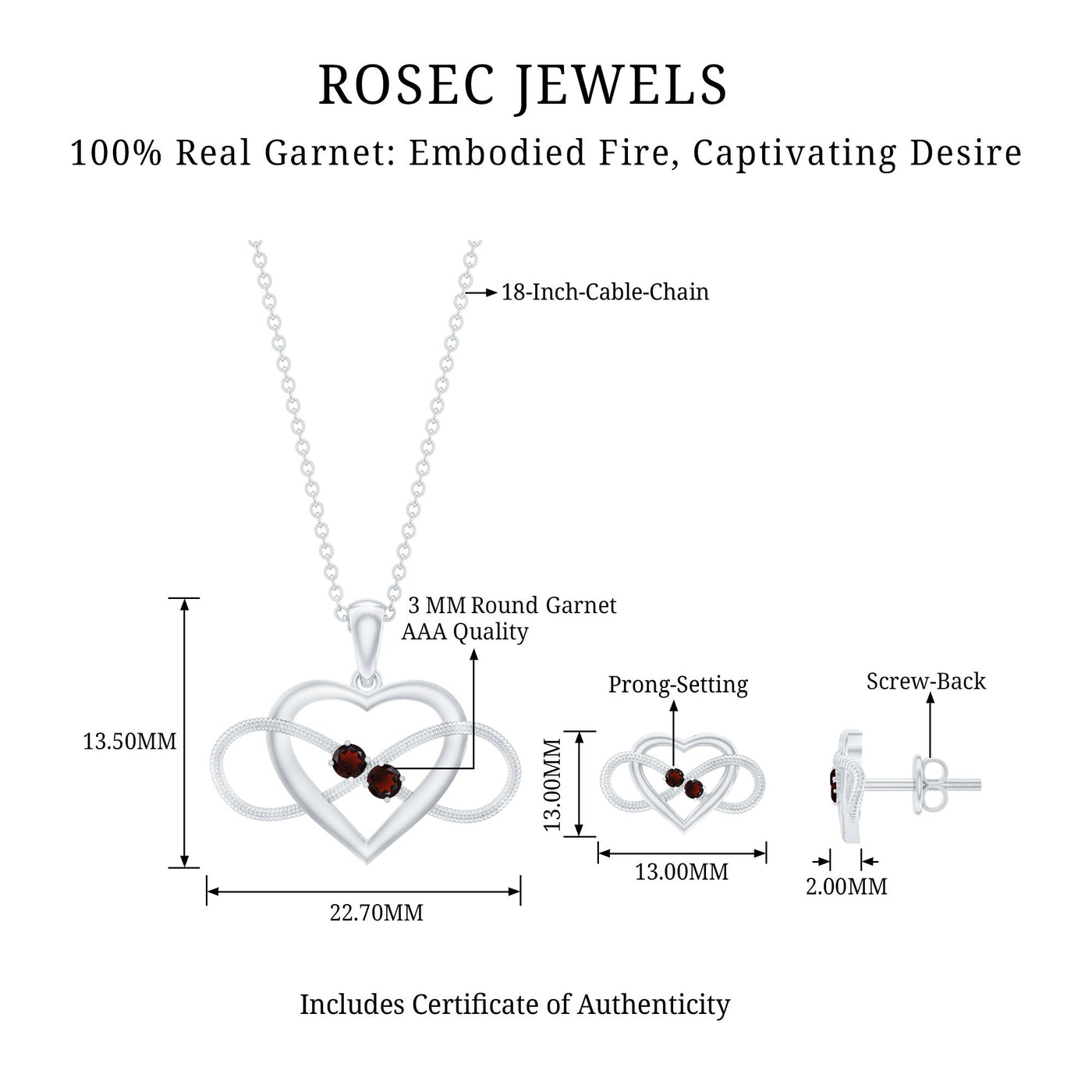 Natural Garnet Heart Infinity Necklace and Earrings Set Rosec Jewels