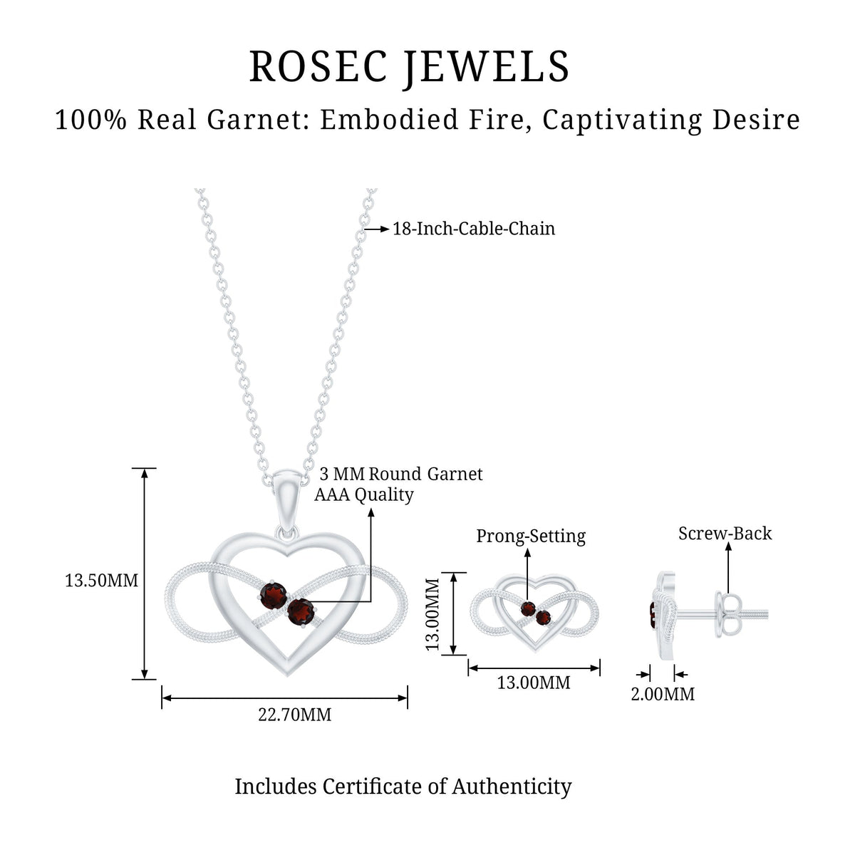 Natural Garnet Heart Infinity Necklace and Earrings Set Rosec Jewels