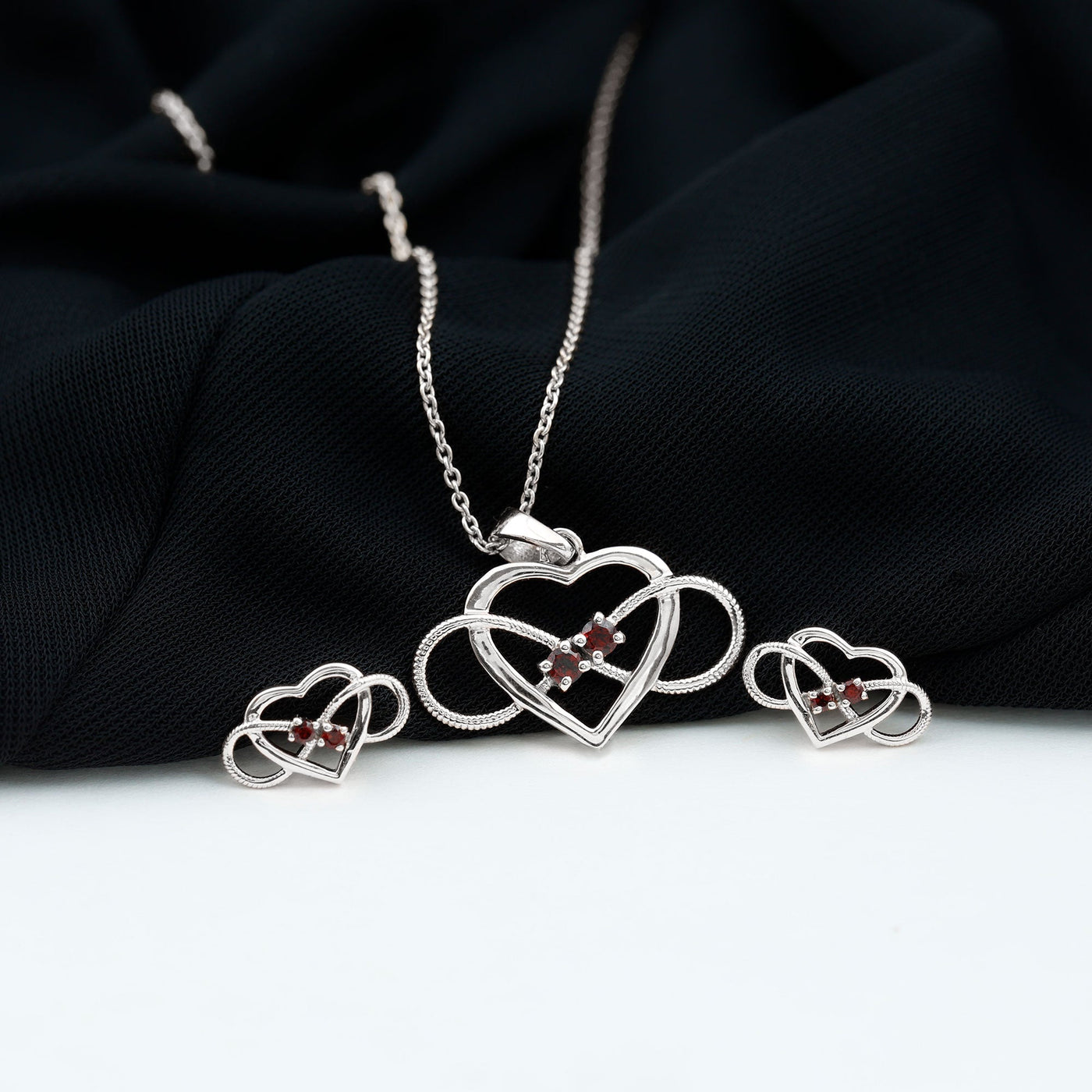 Natural Garnet Heart Infinity Necklace and Earrings Set Rosec Jewels