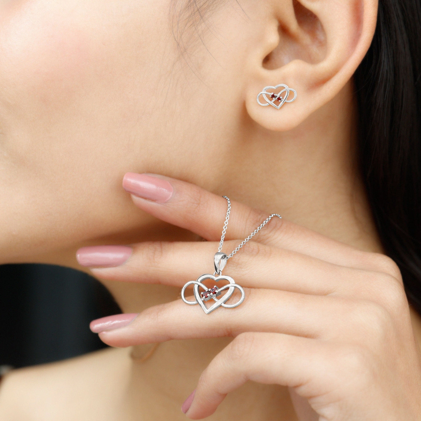 Natural Garnet Heart Infinity Necklace and Earrings Set Rosec Jewels