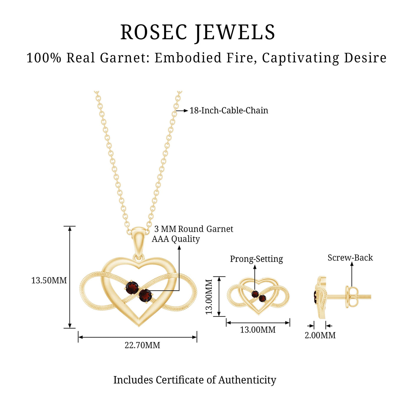 Natural Garnet Heart Infinity Necklace and Earrings Set Rosec Jewels