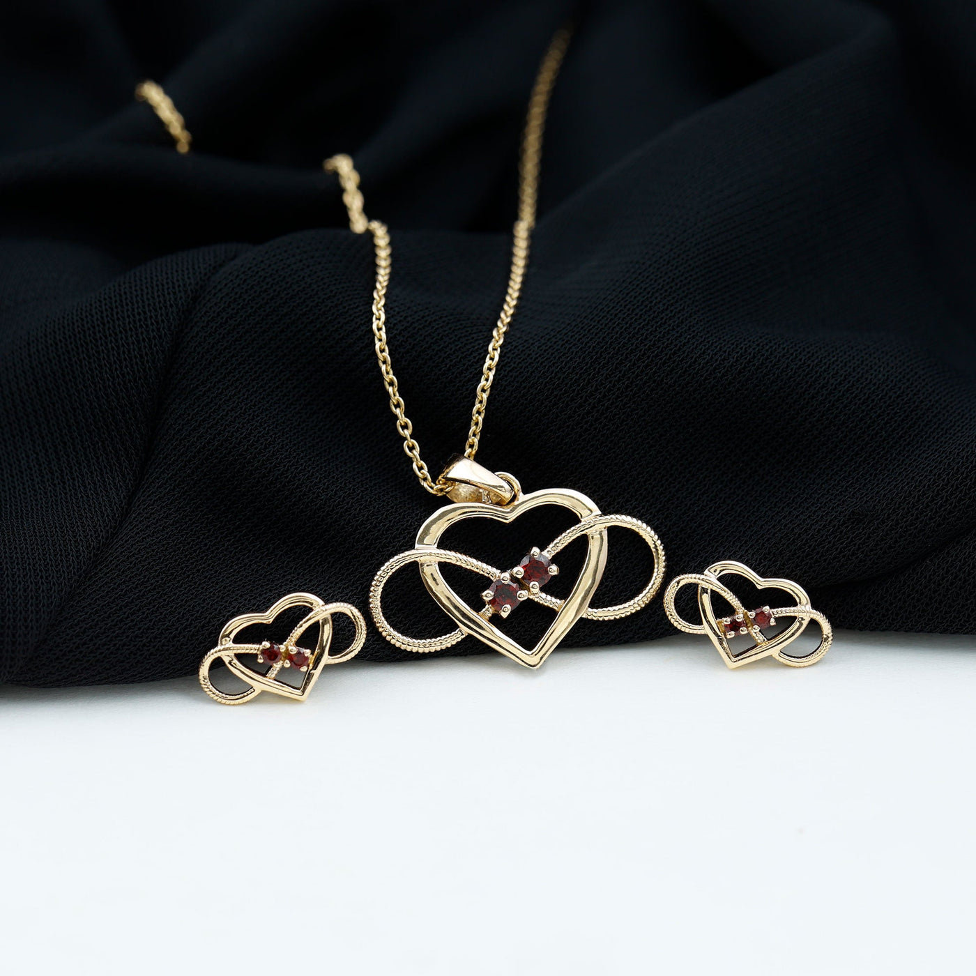 Natural Garnet Heart Infinity Necklace and Earrings Set Rosec Jewels