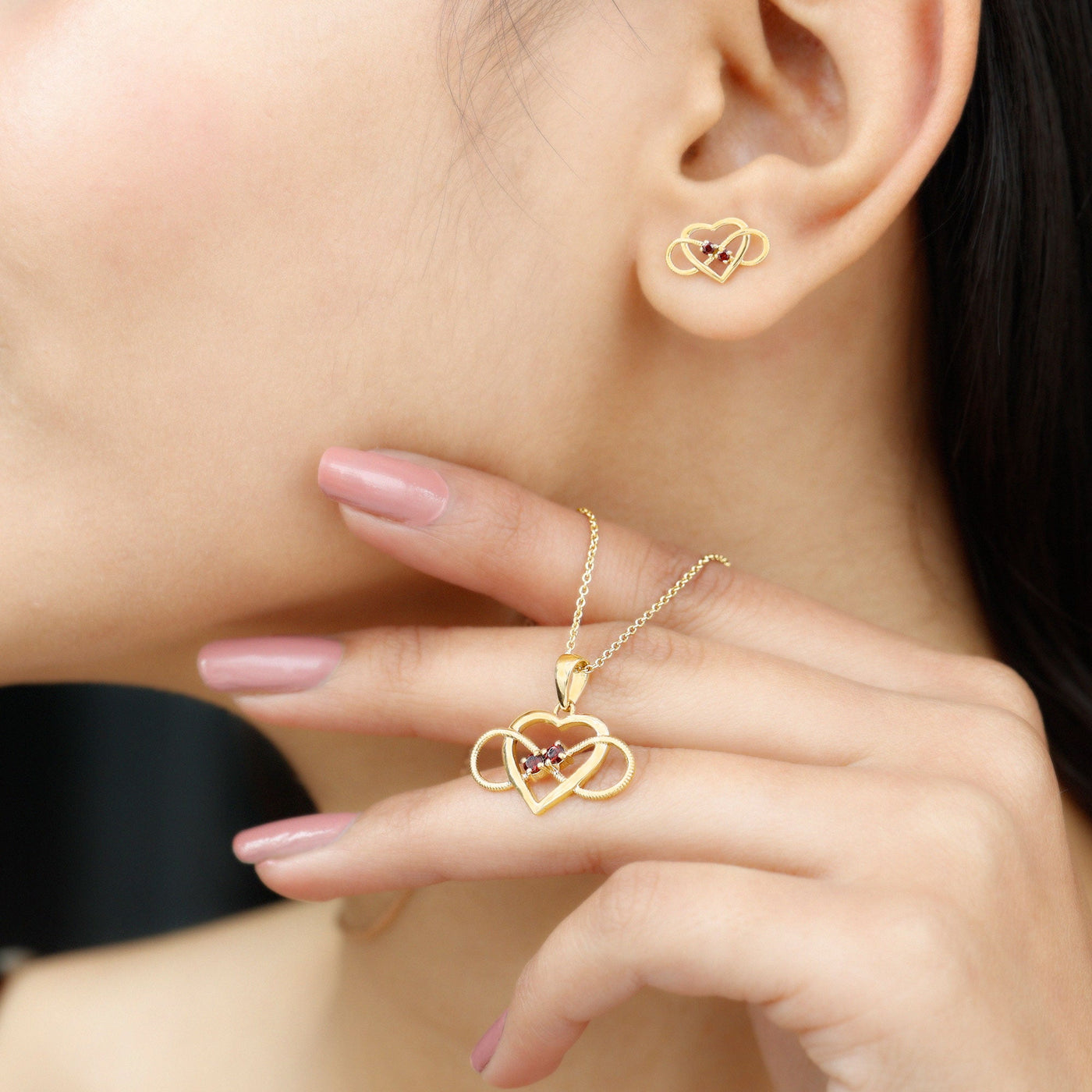 Natural Garnet Heart Infinity Necklace and Earrings Set Rosec Jewels