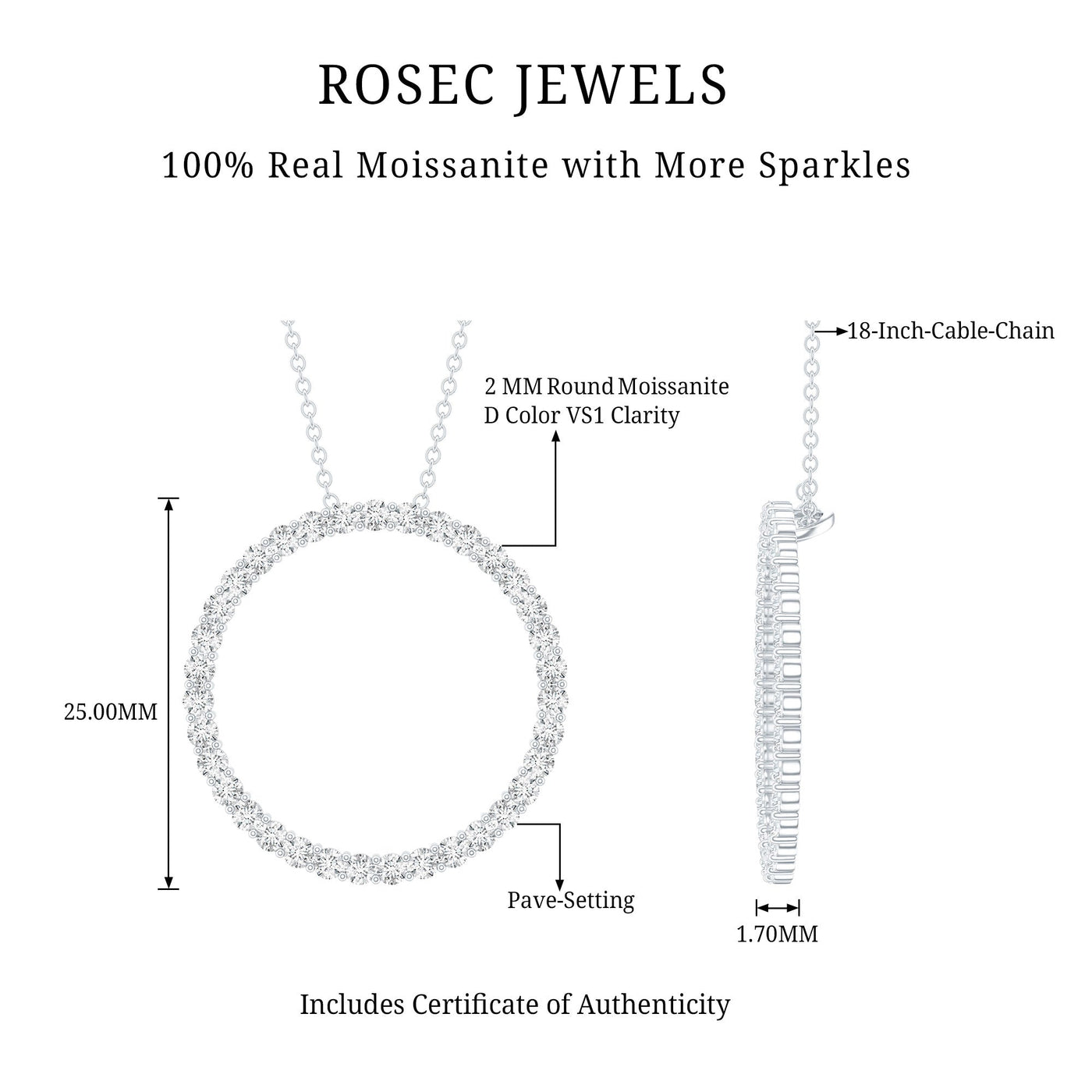 Certified Moissanite Eternity Necklace with Chain Rosec Jewels