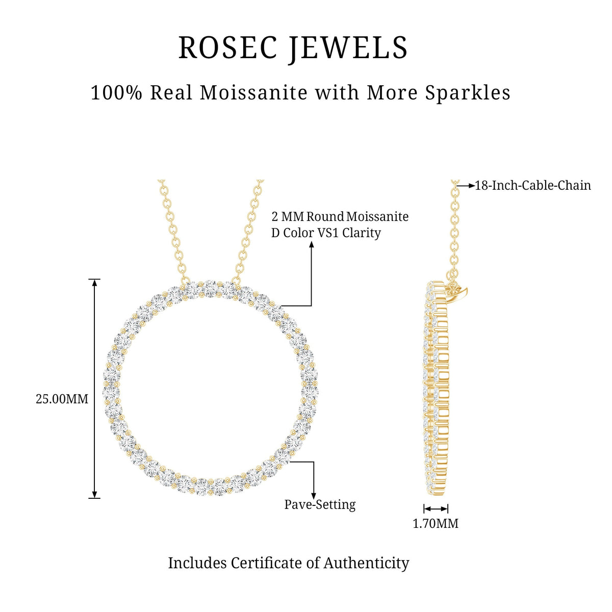 Certified Moissanite Eternity Necklace with Chain Rosec Jewels