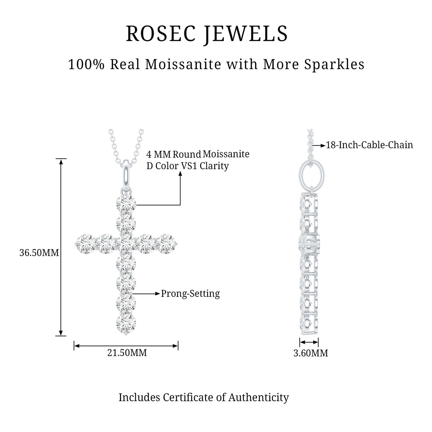 Certified Round Moissanite Cross Pendant Necklace Rosec Jewels