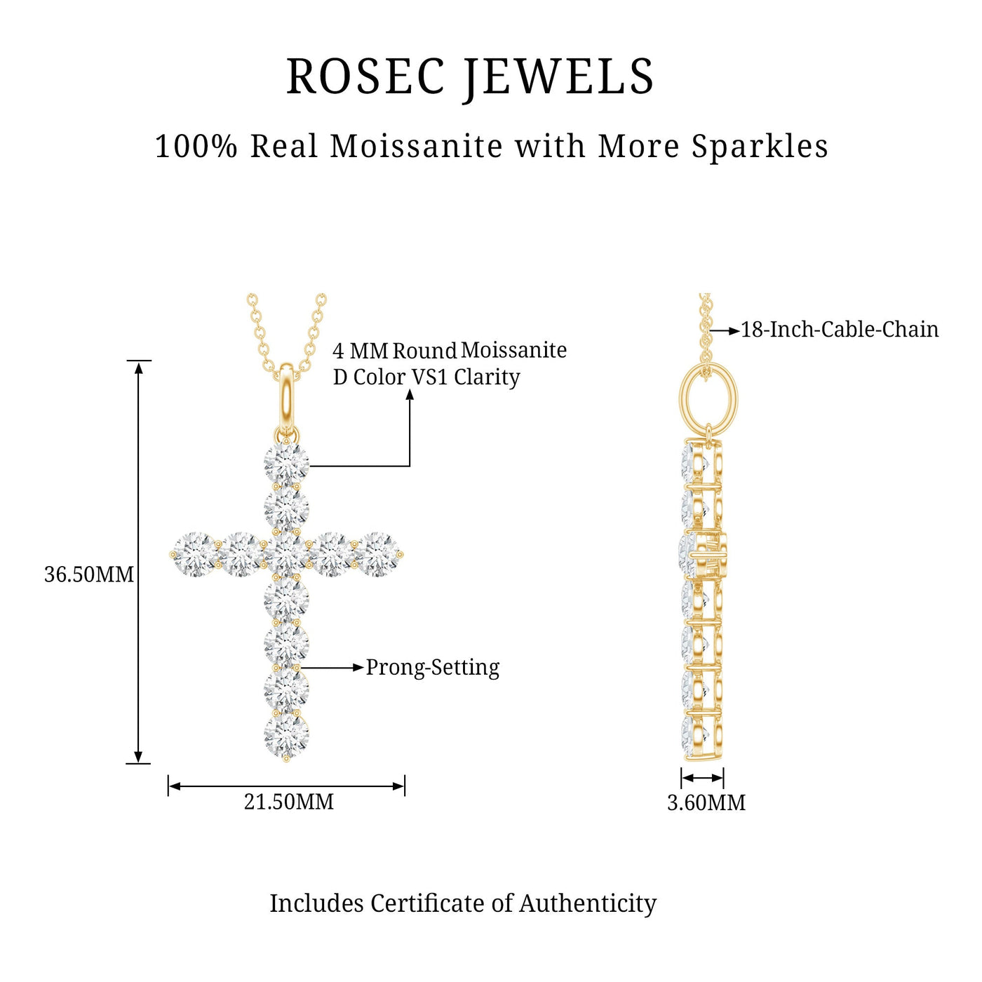 Certified Round Moissanite Cross Pendant Necklace Rosec Jewels
