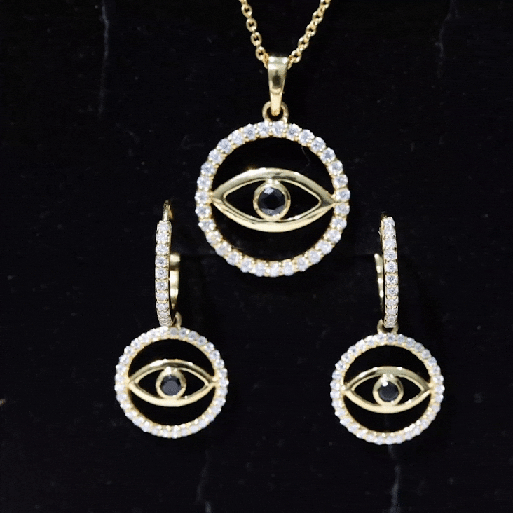 Black Onyx Evil Eye Necklace and Earrings Set with Certificate Rosec Jewels