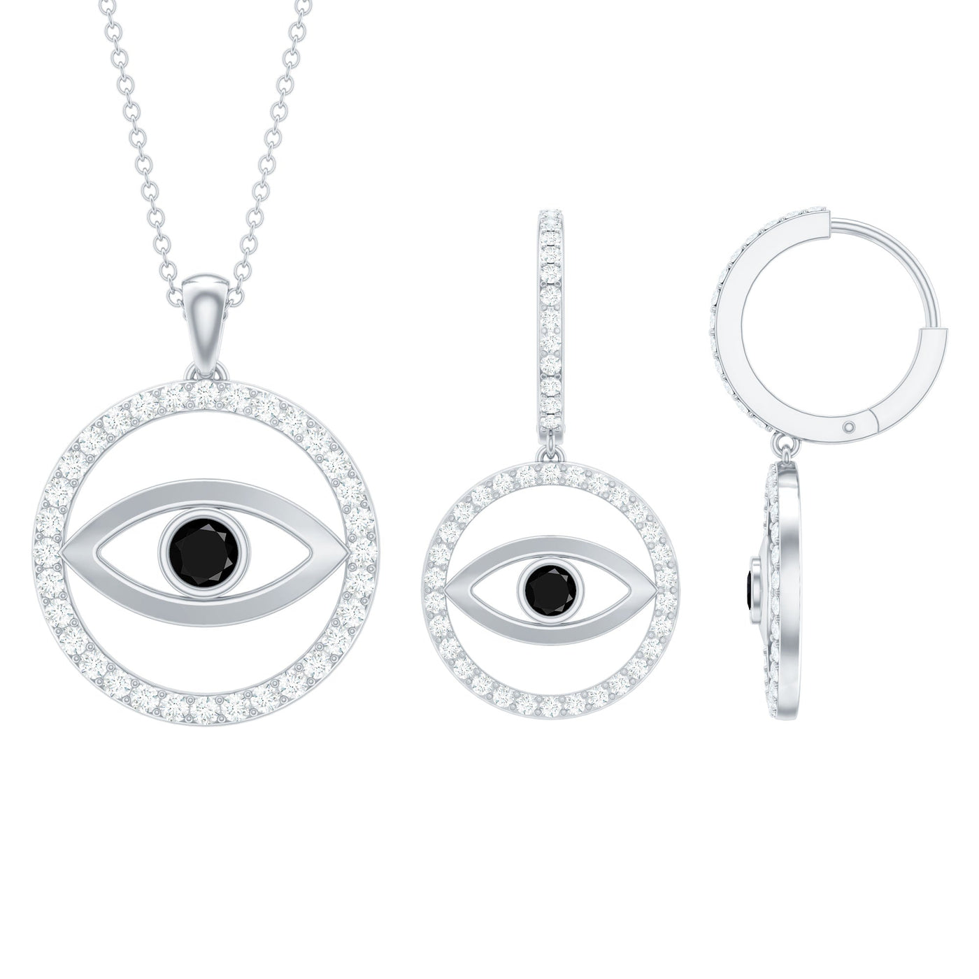 Black Onyx Evil Eye Necklace and Earrings Set with Certificate Rosec Jewels