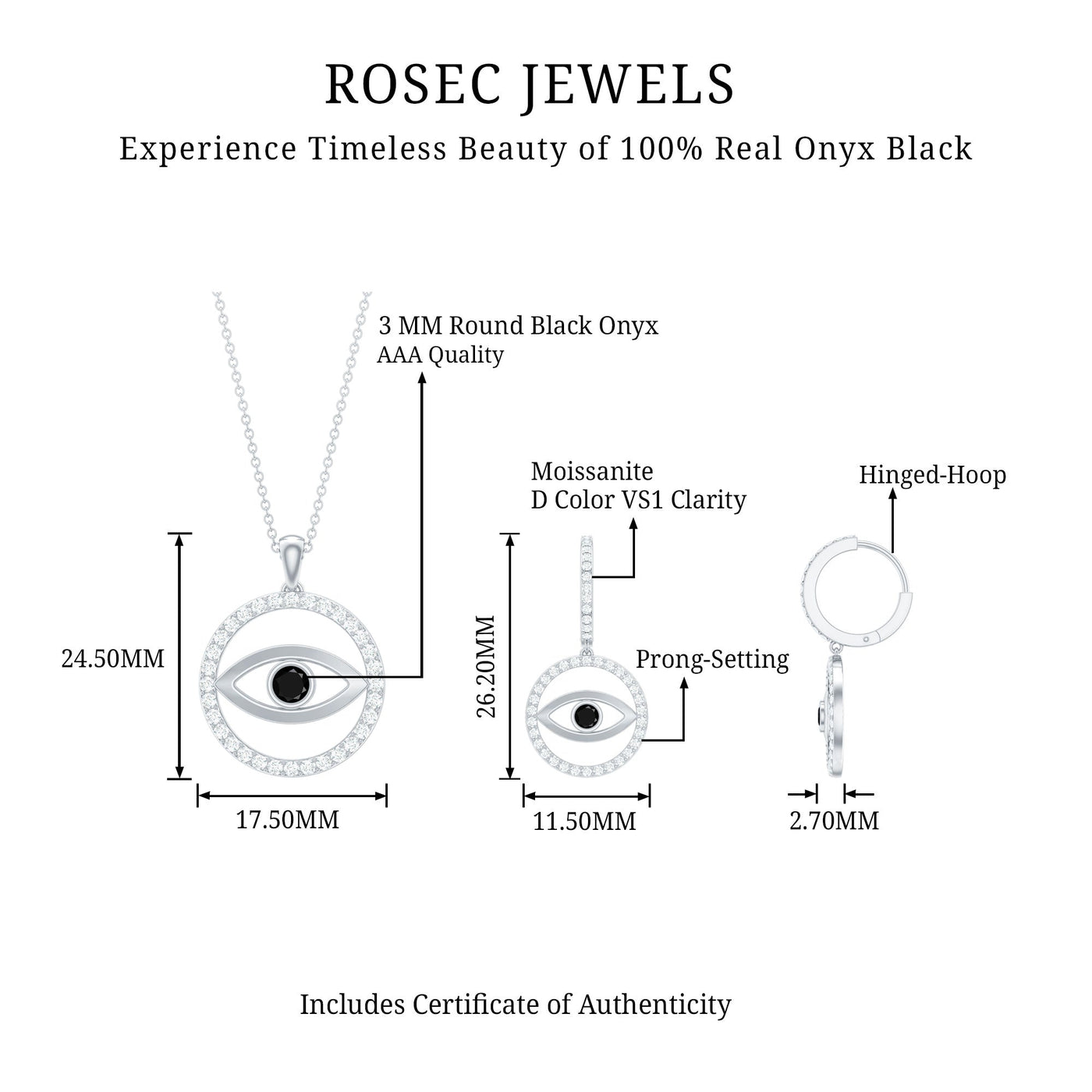 Black Onyx Evil Eye Necklace and Earrings Set with Certificate Rosec Jewels
