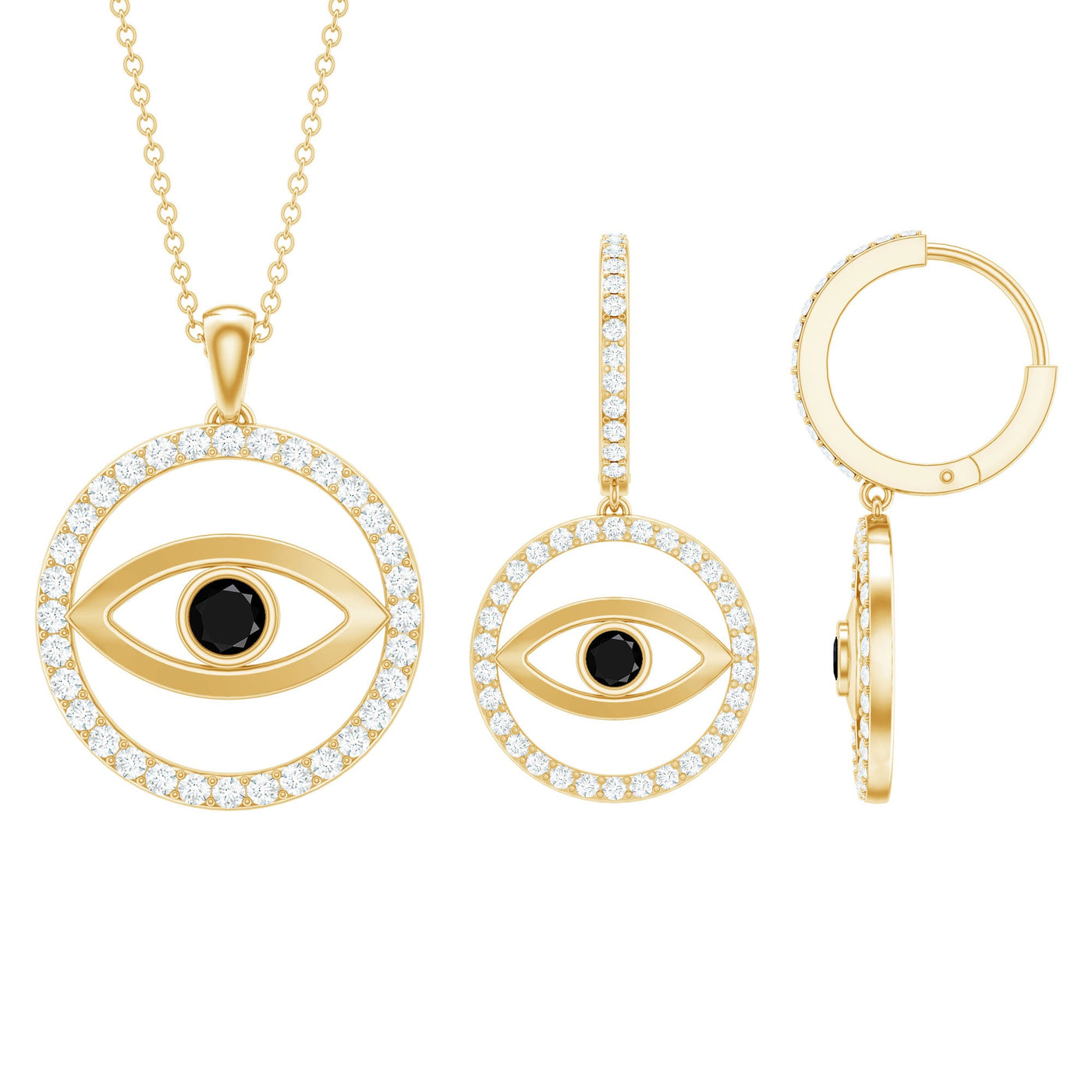 Black Onyx Evil Eye Necklace and Earrings Set with Certificate Rosec Jewels