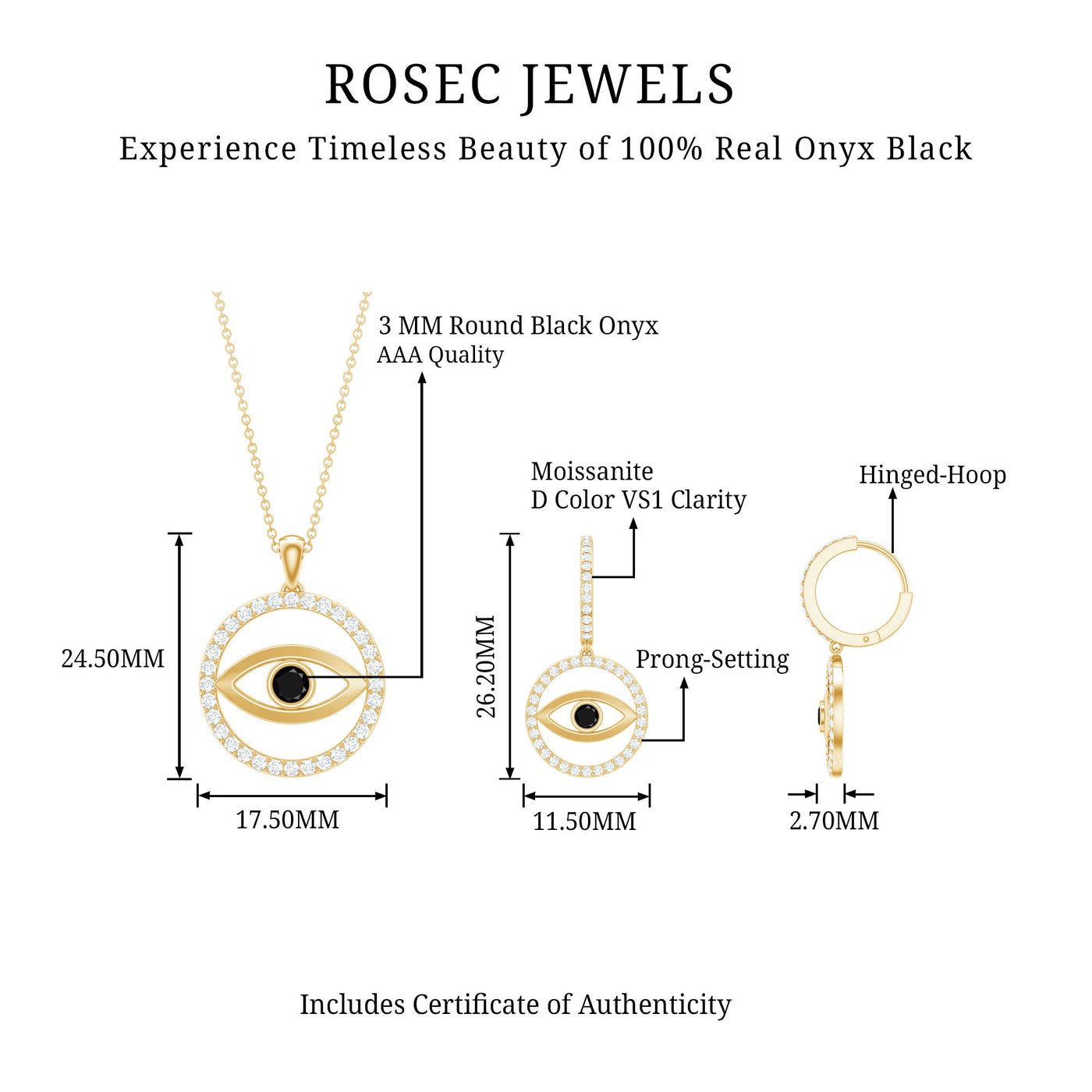 Black Onyx Evil Eye Necklace and Earrings Set with Certificate Rosec Jewels
