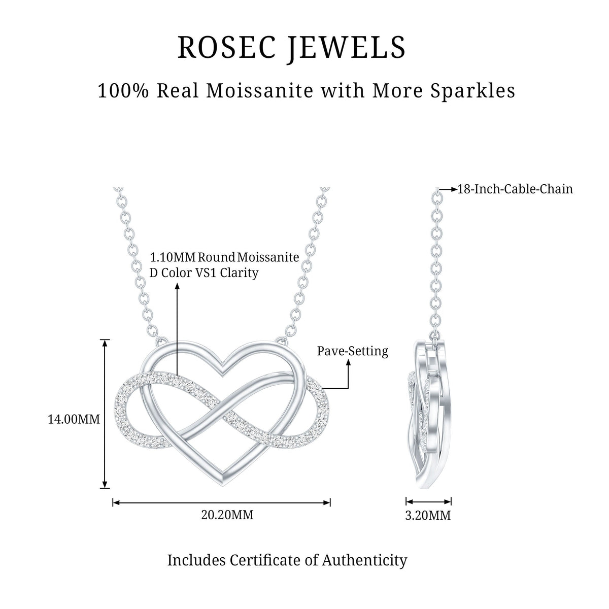 Certified Moissanite Infinity Heart Necklace Rosec Jewels