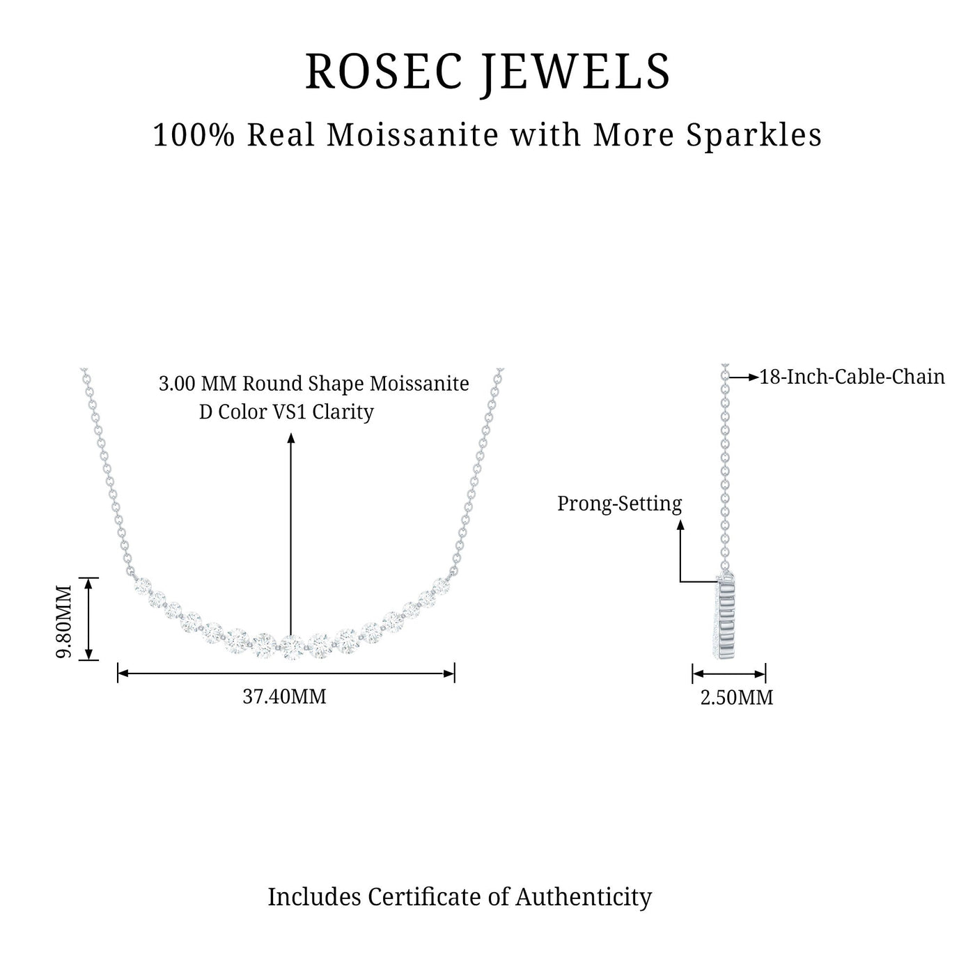 Moissanite Curved Bar Necklace for Women Rosec Jewels
