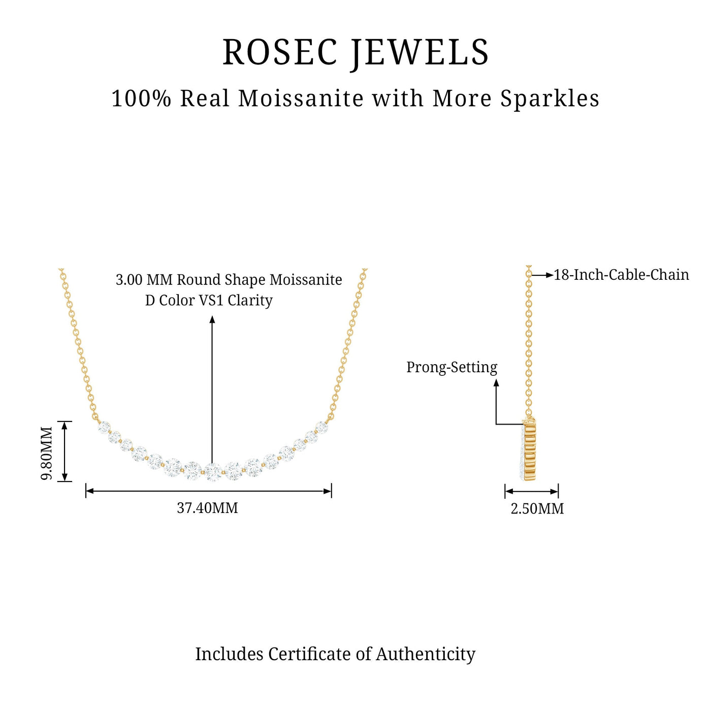 Moissanite Curved Bar Necklace for Women Rosec Jewels