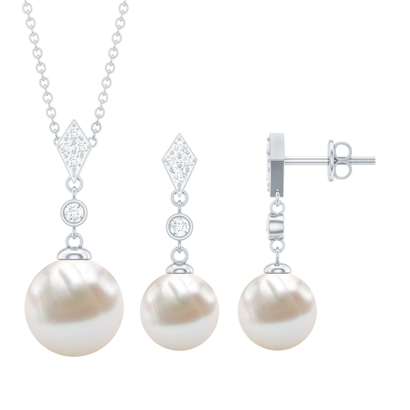 Freshwater Pearl Simple Dangle Drop Pendant and Earrings Set with Diamond Rosec Jewels