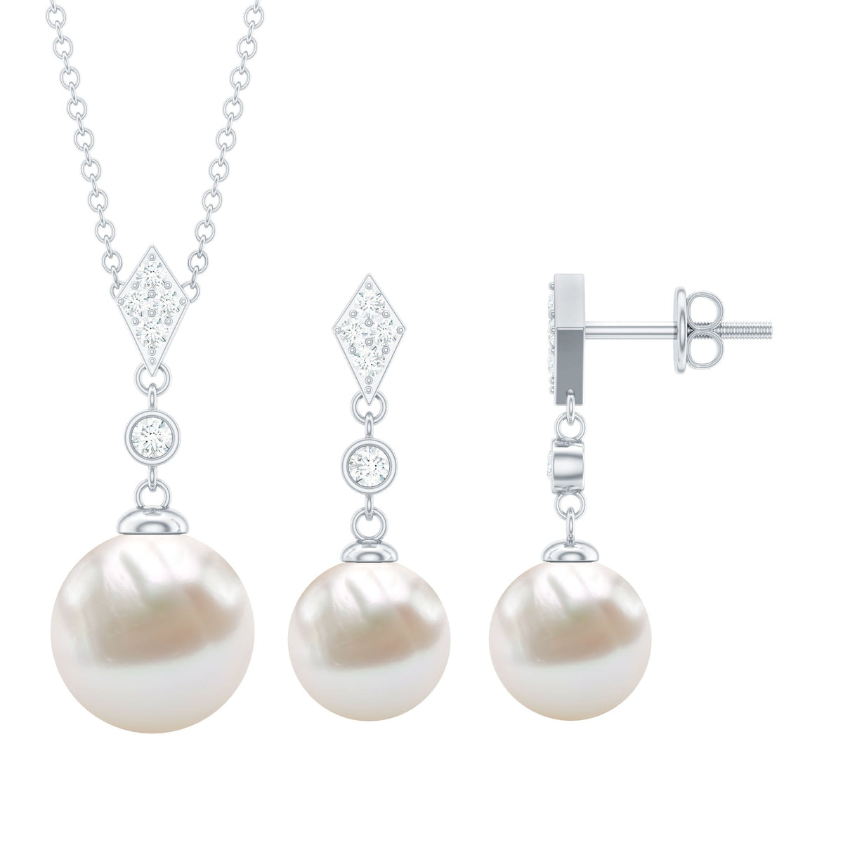 Freshwater Pearl Simple Dangle Drop Pendant and Earrings Set with Diamond Rosec Jewels