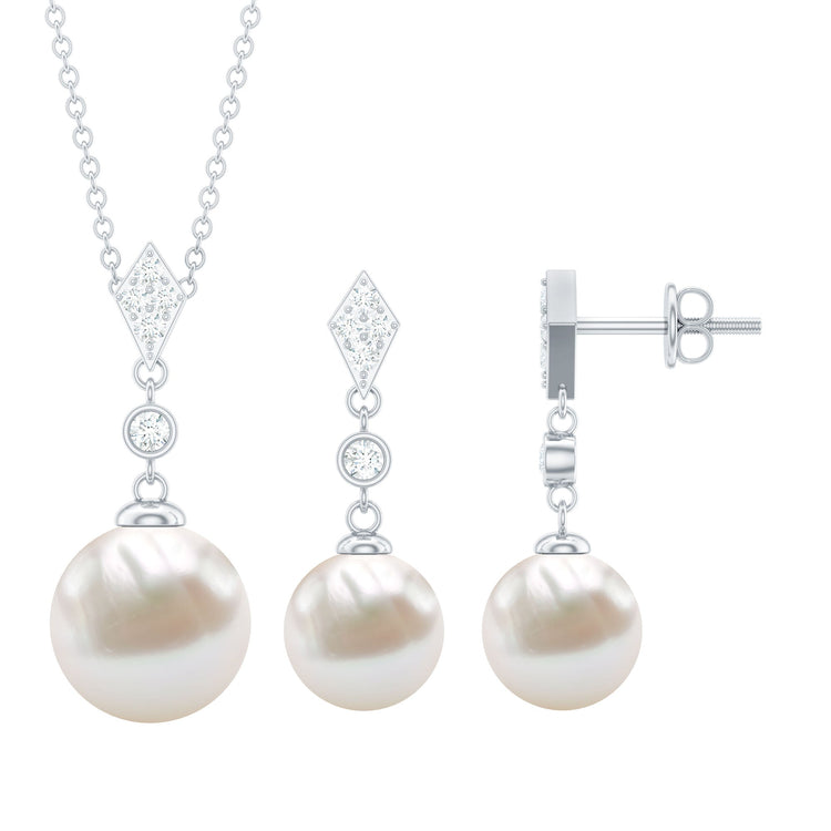 Freshwater Pearl Simple Dangle Drop Pendant and Earrings Set with Diamond Rosec Jewels