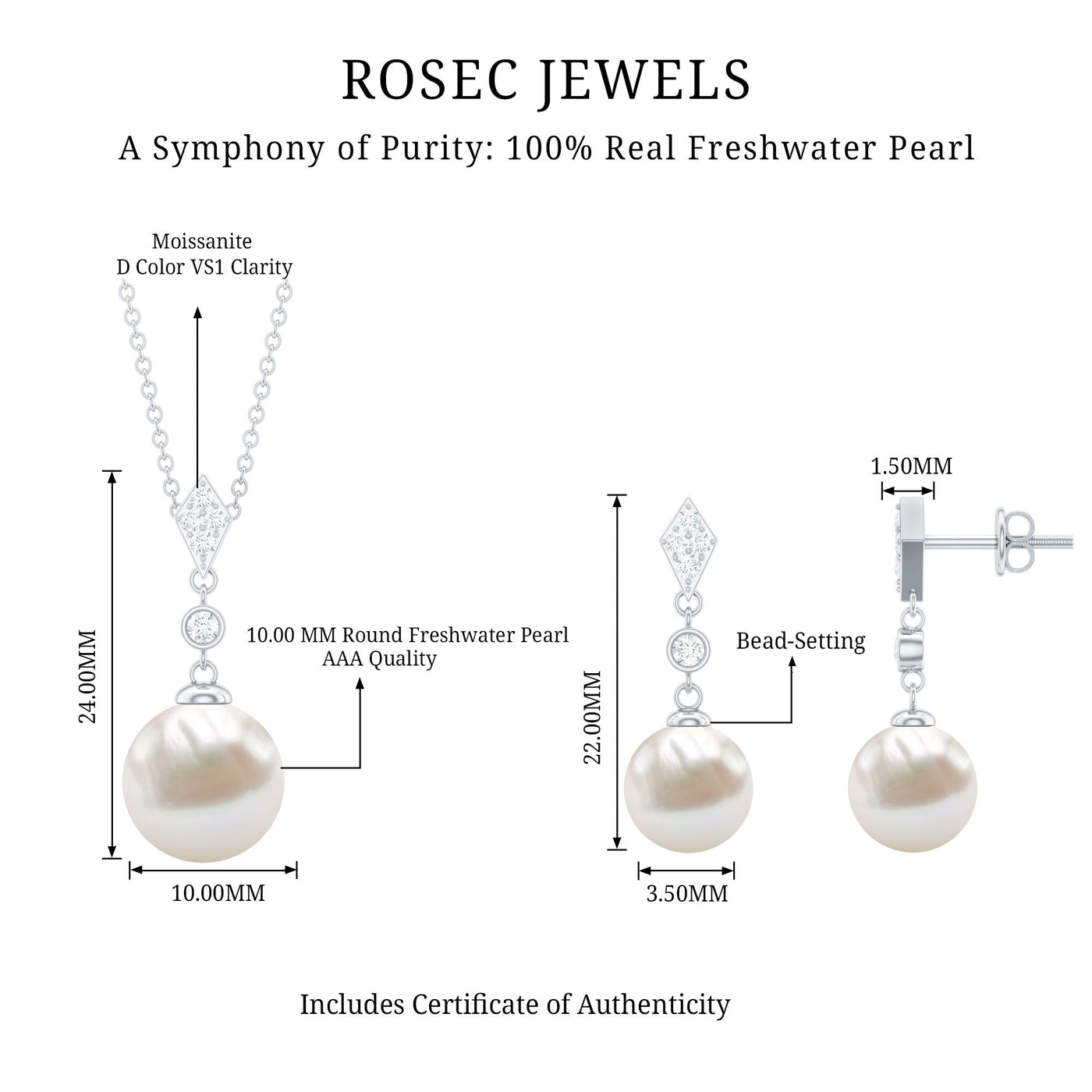 Freshwater Pearl Simple Dangle Drop Pendant and Earrings Set with Diamond Rosec Jewels