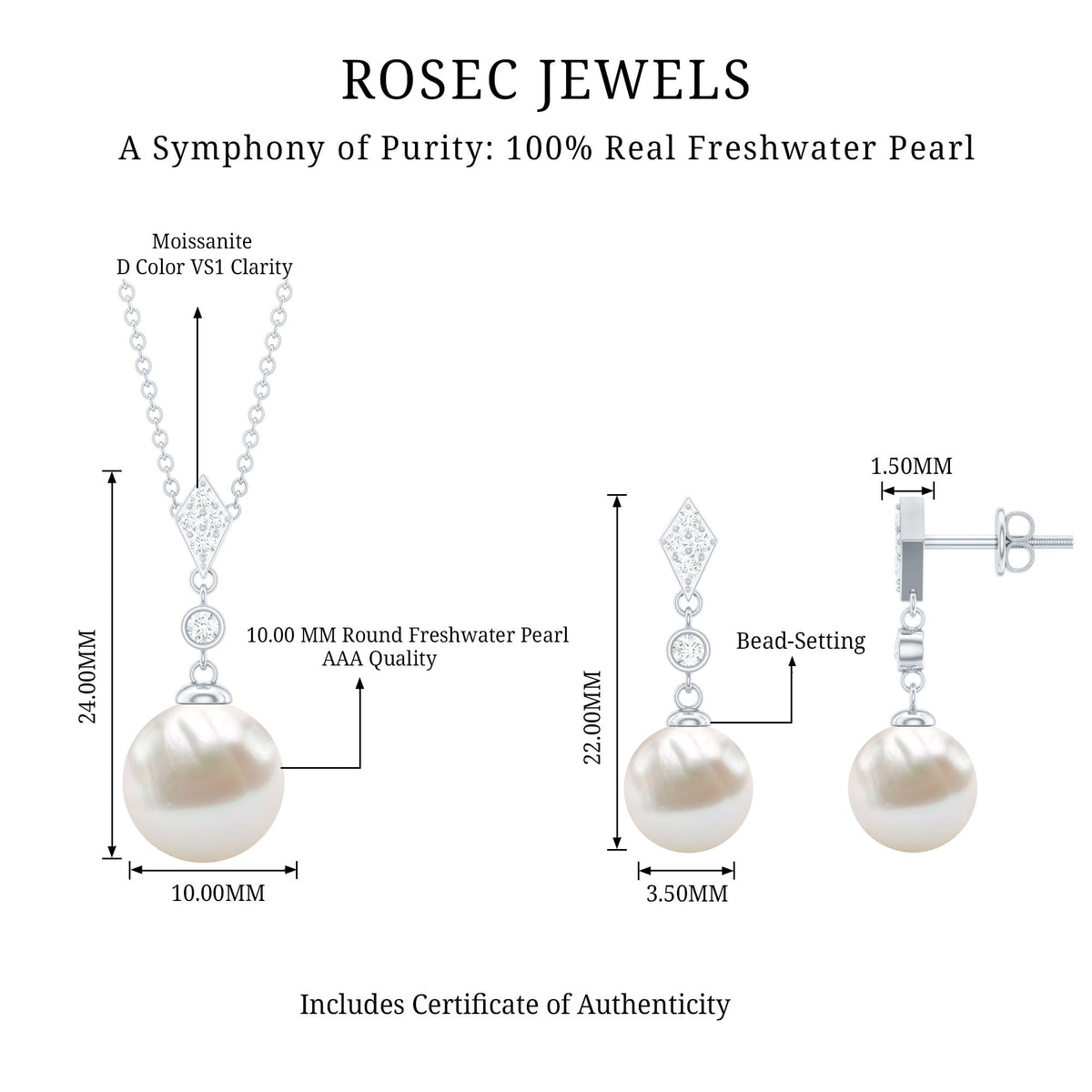 Freshwater Pearl Simple Dangle Drop Pendant and Earrings Set with Diamond Rosec Jewels