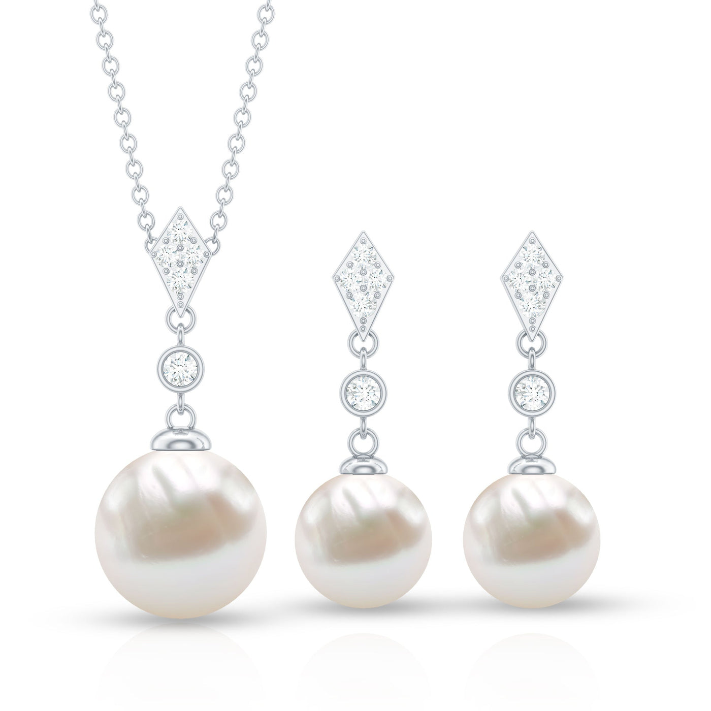 Freshwater Pearl Simple Dangle Drop Pendant and Earrings Set with Diamond Rosec Jewels