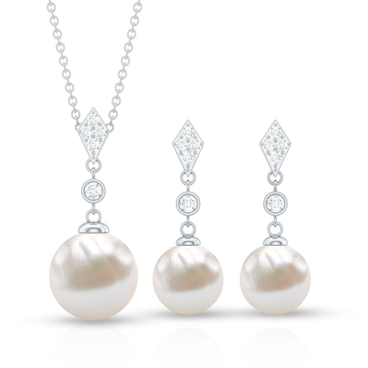 Freshwater Pearl Simple Dangle Drop Pendant and Earrings Set with Diamond Rosec Jewels
