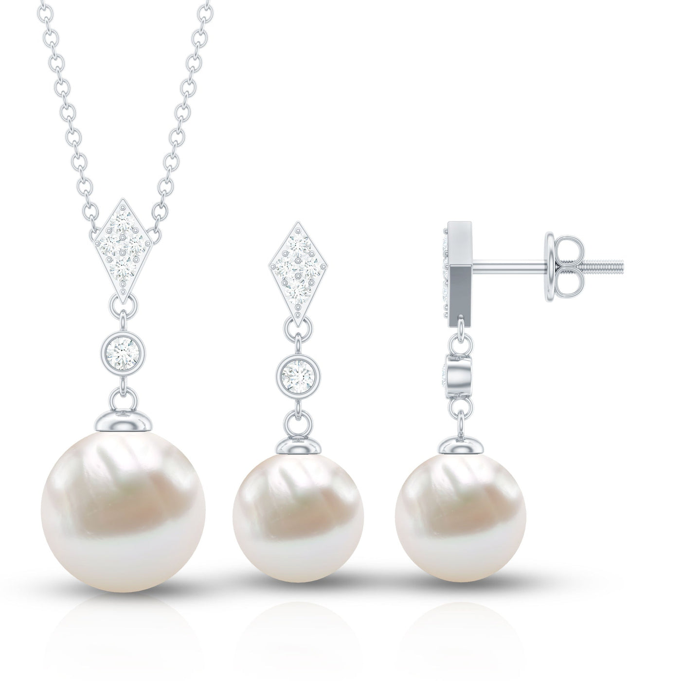 Freshwater Pearl Simple Dangle Drop Pendant and Earrings Set with Diamond Rosec Jewels
