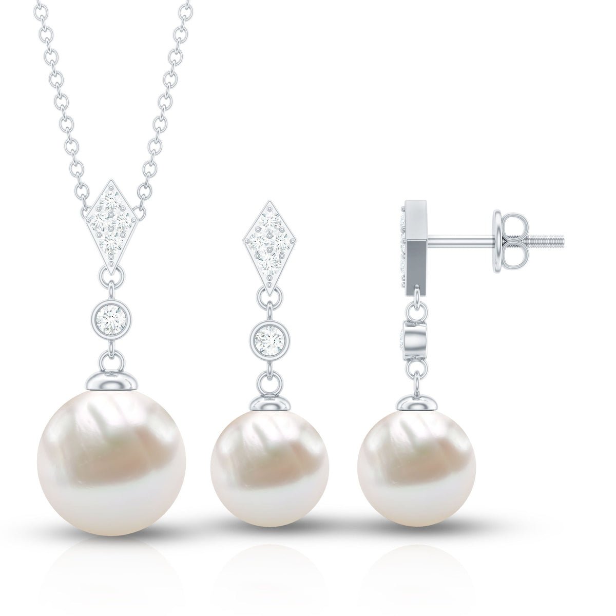 Freshwater Pearl Simple Dangle Drop Pendant and Earrings Set with Diamond Rosec Jewels