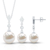 Freshwater Pearl Simple Dangle Drop Pendant and Earrings Set with Diamond Rosec Jewels