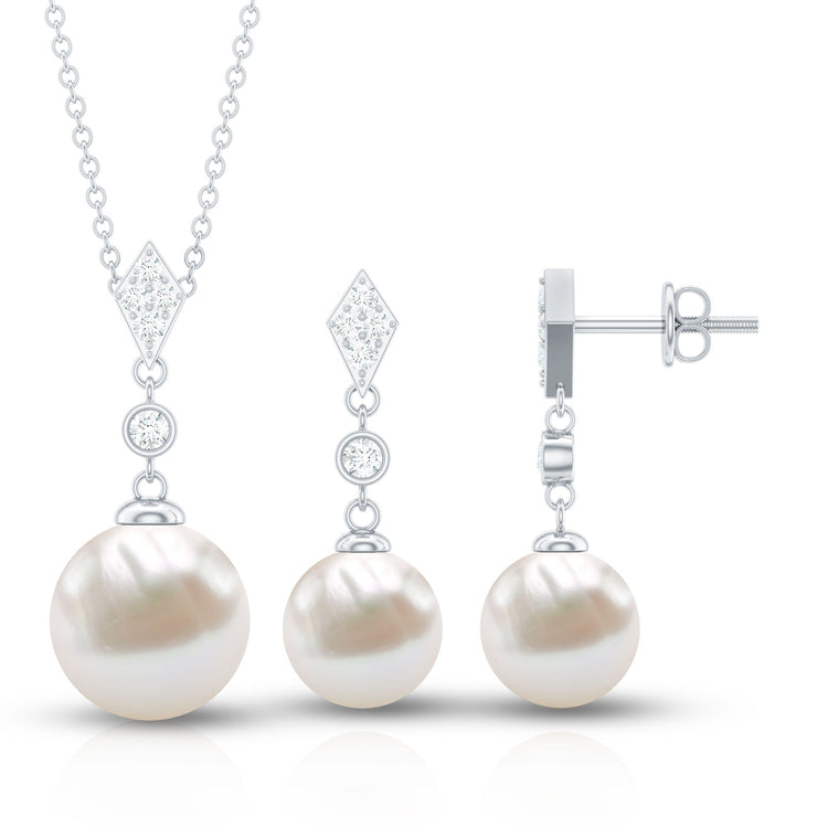 Freshwater Pearl Simple Dangle Drop Pendant and Earrings Set with Diamond Rosec Jewels