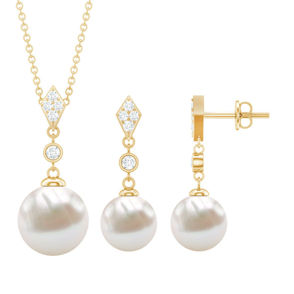 Freshwater Pearl Simple Dangle Drop Pendant and Earrings Set with Diamond Rosec Jewels