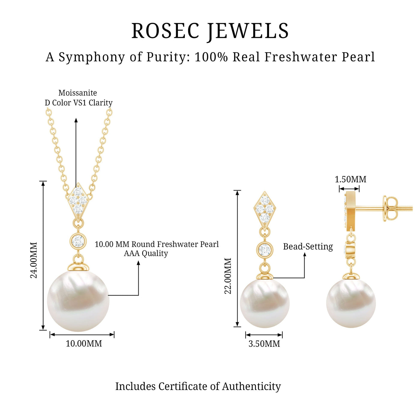 Freshwater Pearl Simple Dangle Drop Pendant and Earrings Set with Diamond Rosec Jewels