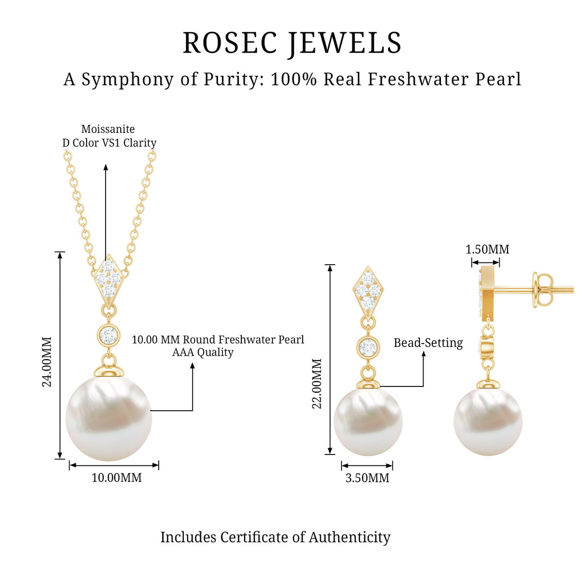 Freshwater Pearl Simple Dangle Drop Pendant and Earrings Set with Diamond Rosec Jewels