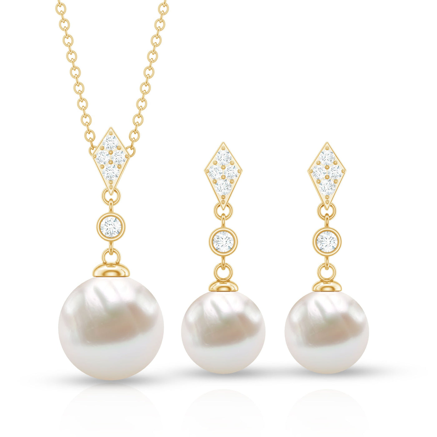 Freshwater Pearl Simple Dangle Drop Pendant and Earrings Set with Diamond Rosec Jewels