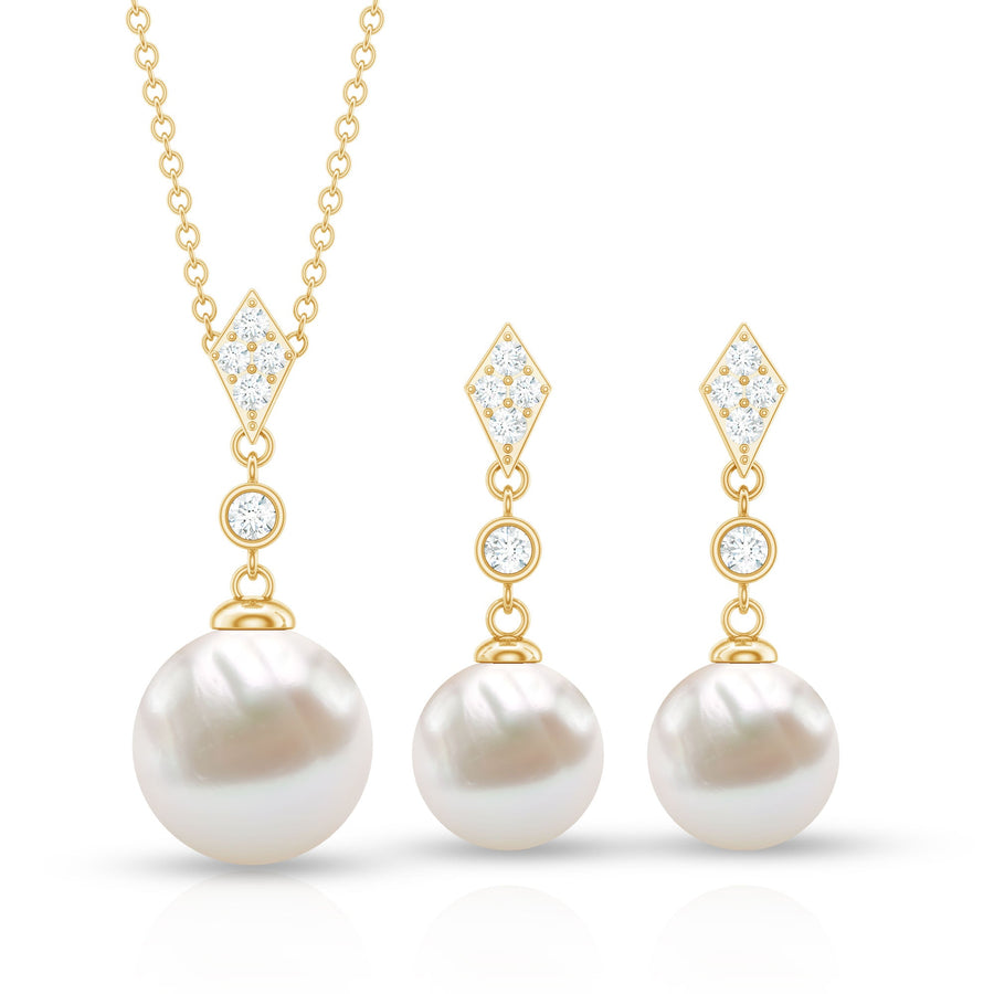 Freshwater Pearl Simple Dangle Drop Pendant and Earrings Set with Diamond