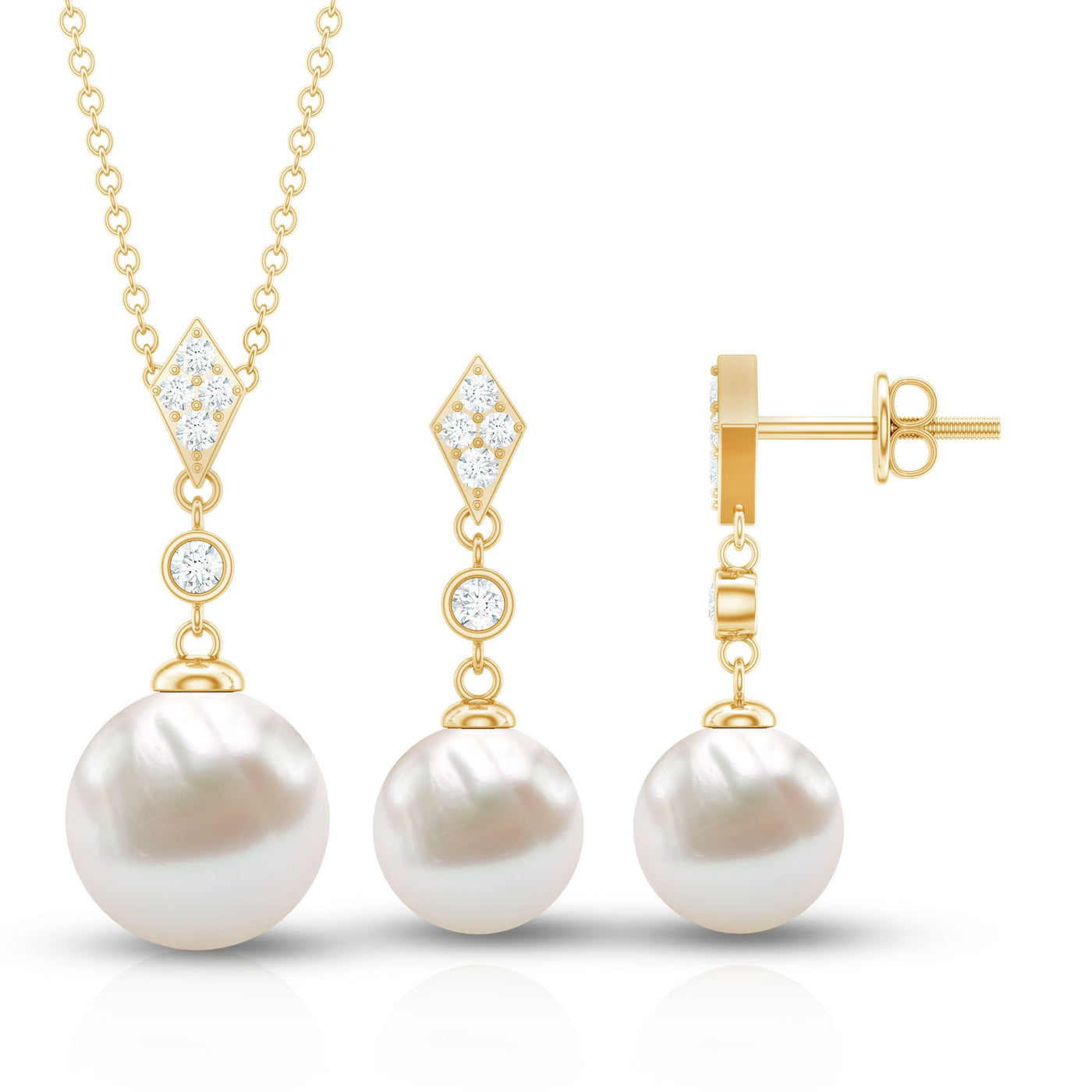 Freshwater Pearl Simple Dangle Drop Pendant and Earrings Set with Diamond Rosec Jewels