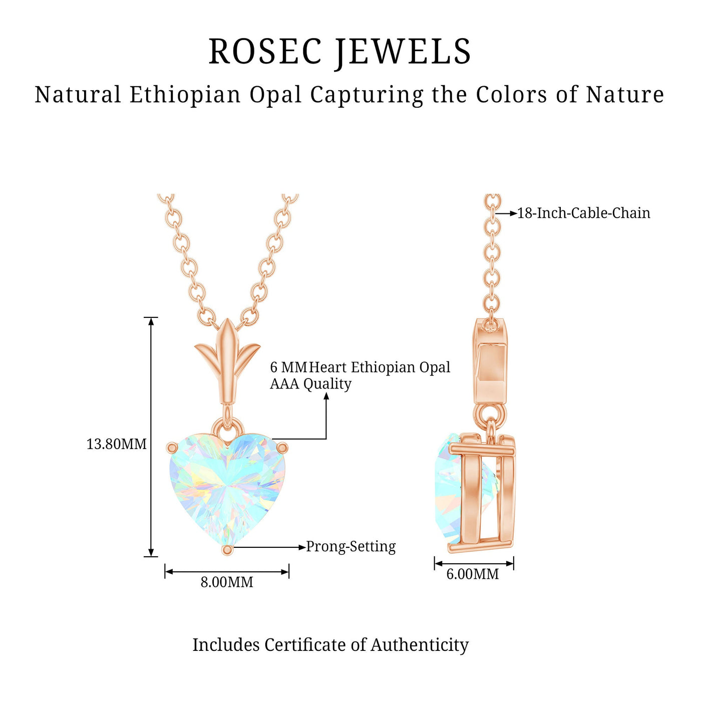 0.75 Carat Heart Shape Ethiopian Opal Necklace With Chain Rosec Jewels