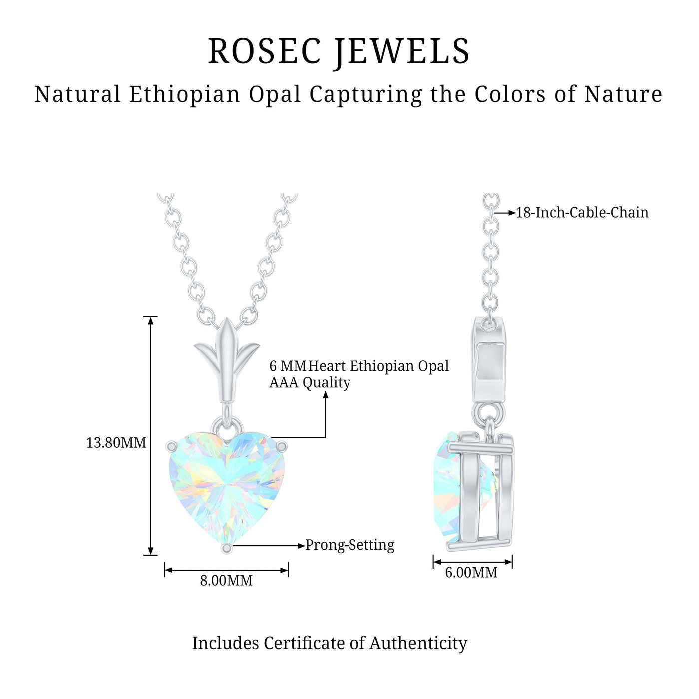 0.75 Carat Heart Shape Ethiopian Opal Necklace With Chain Rosec Jewels