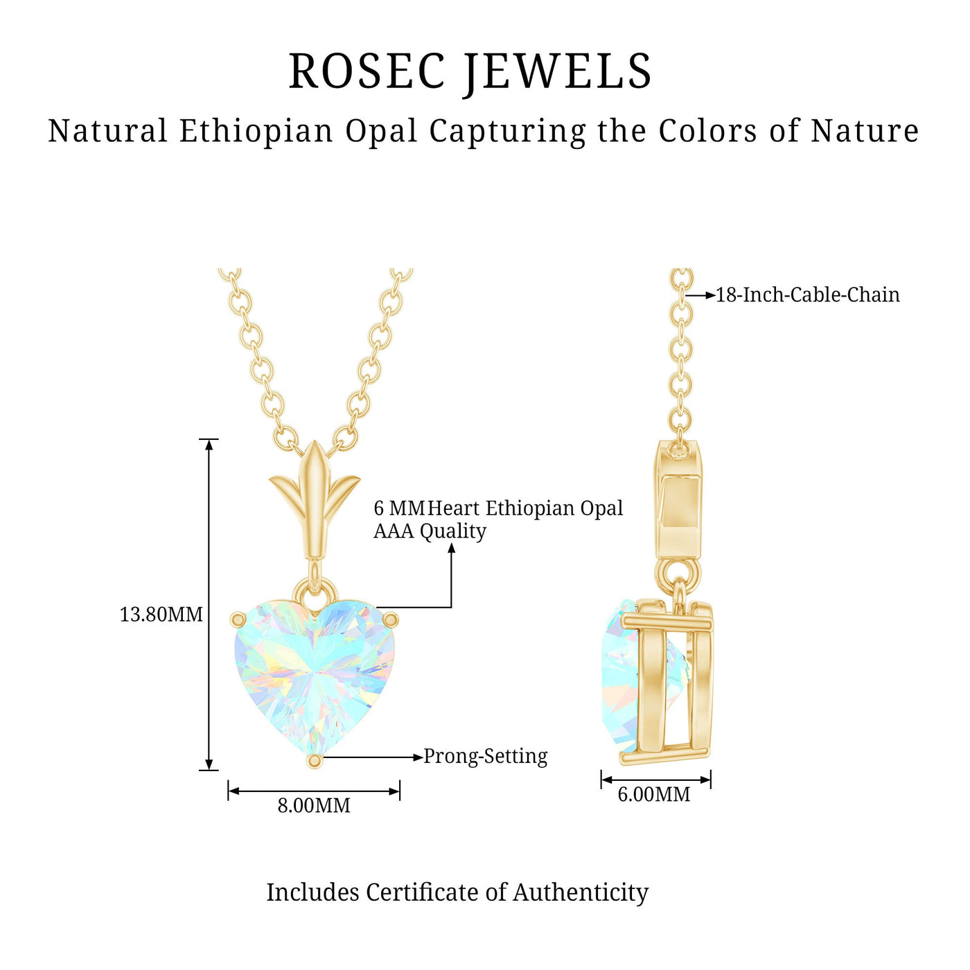 0.75 Carat Heart Shape Ethiopian Opal Necklace With Chain Rosec Jewels