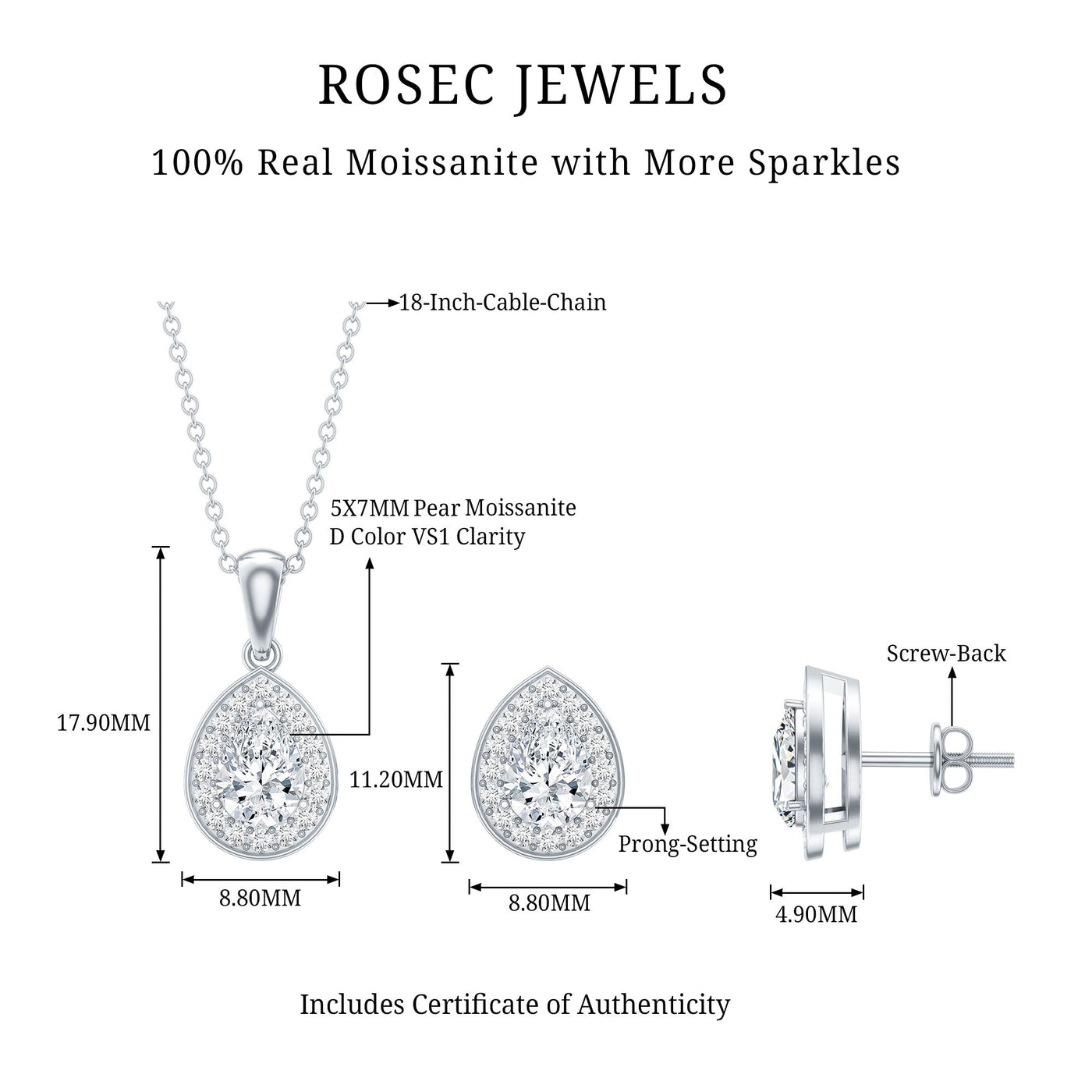 Certified Moissanite Teardrop Jewelry Set Rosec Jewels