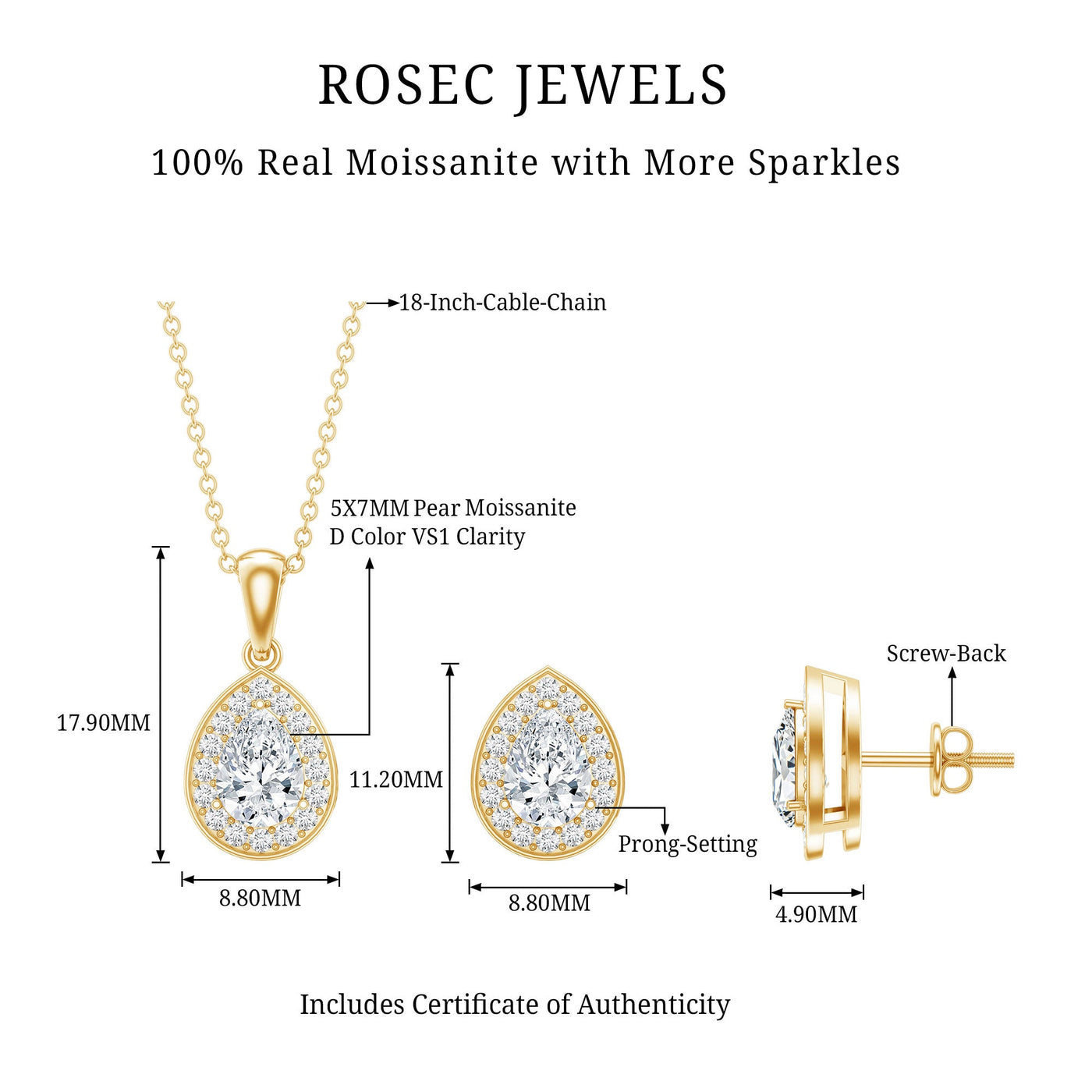Certified Moissanite Teardrop Jewelry Set Rosec Jewels