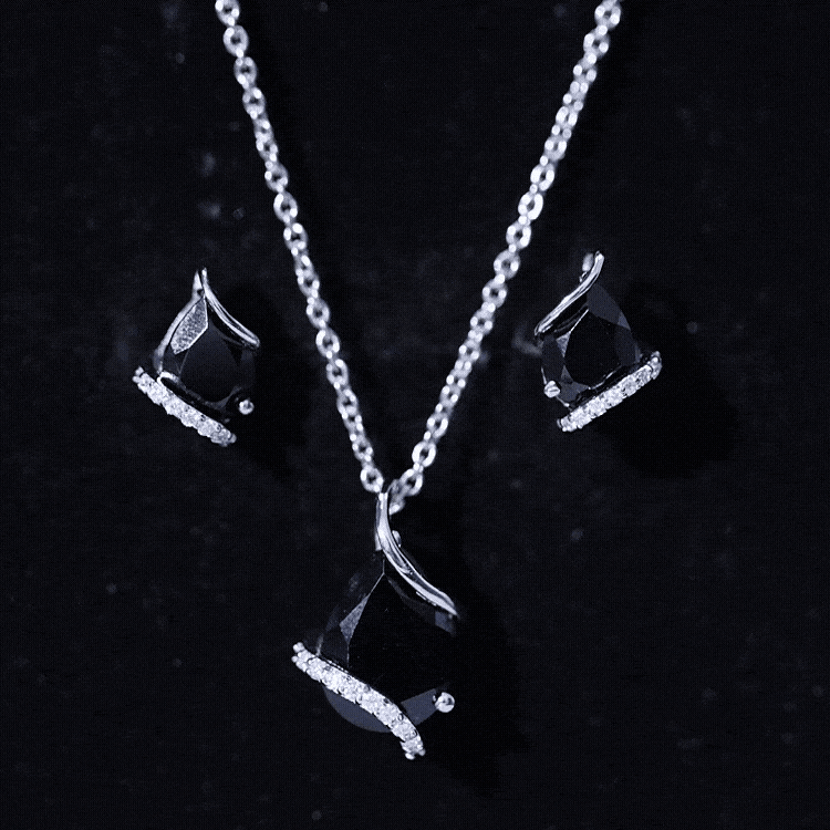 Pear Shaped Black Spinel and Moissanite Teardrop Necklace Earrings Set Rosec Jewels