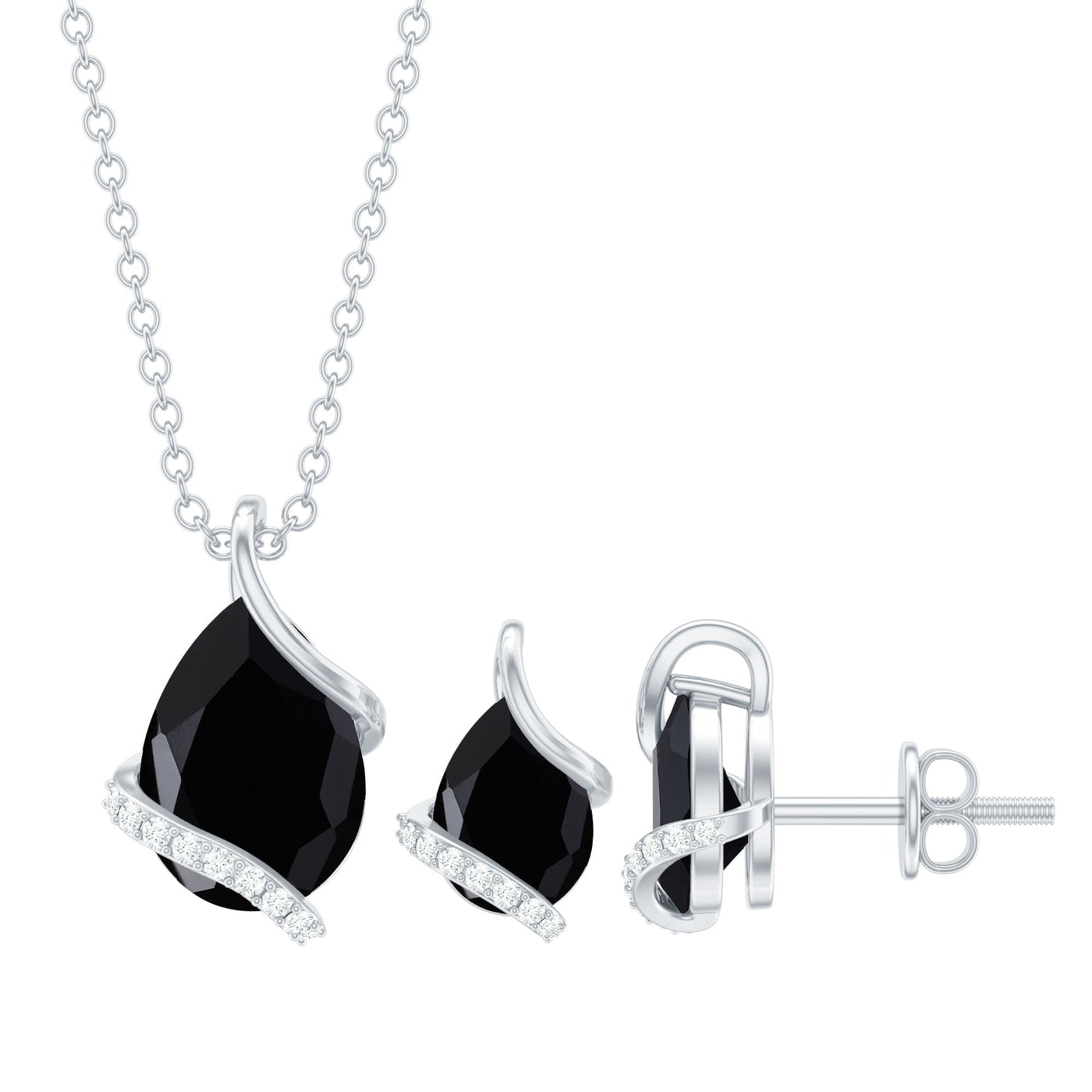 Pear Shaped Black Spinel and Moissanite Teardrop Necklace Earrings Set Rosec Jewels