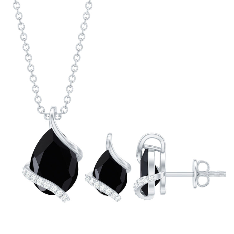 Pear Shaped Black Spinel and Moissanite Teardrop Necklace Earrings Set Rosec Jewels