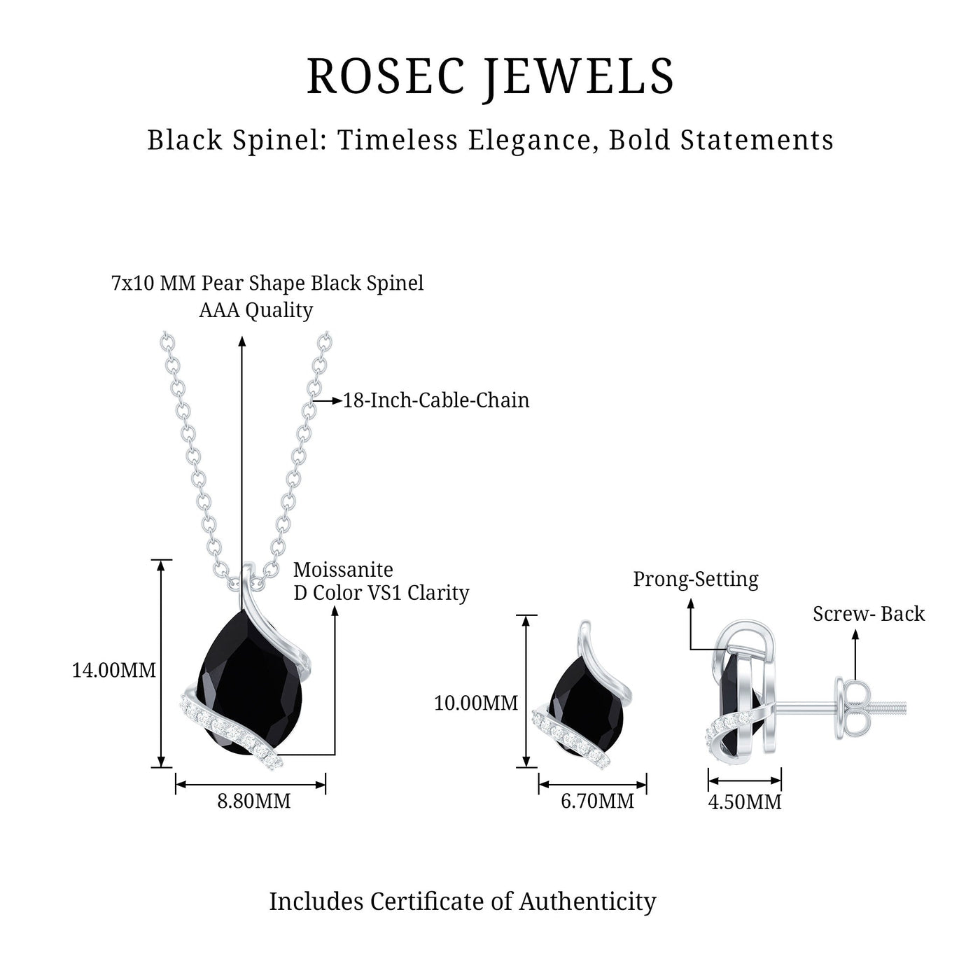Pear Shaped Black Spinel and Moissanite Teardrop Necklace Earrings Set Rosec Jewels