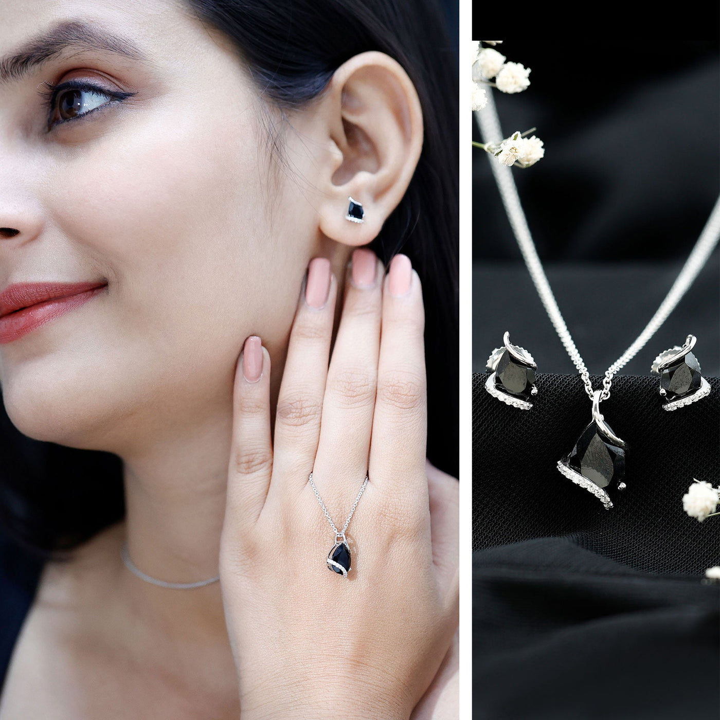 Pear Shaped Black Spinel and Moissanite Teardrop Necklace Earrings Set Rosec Jewels