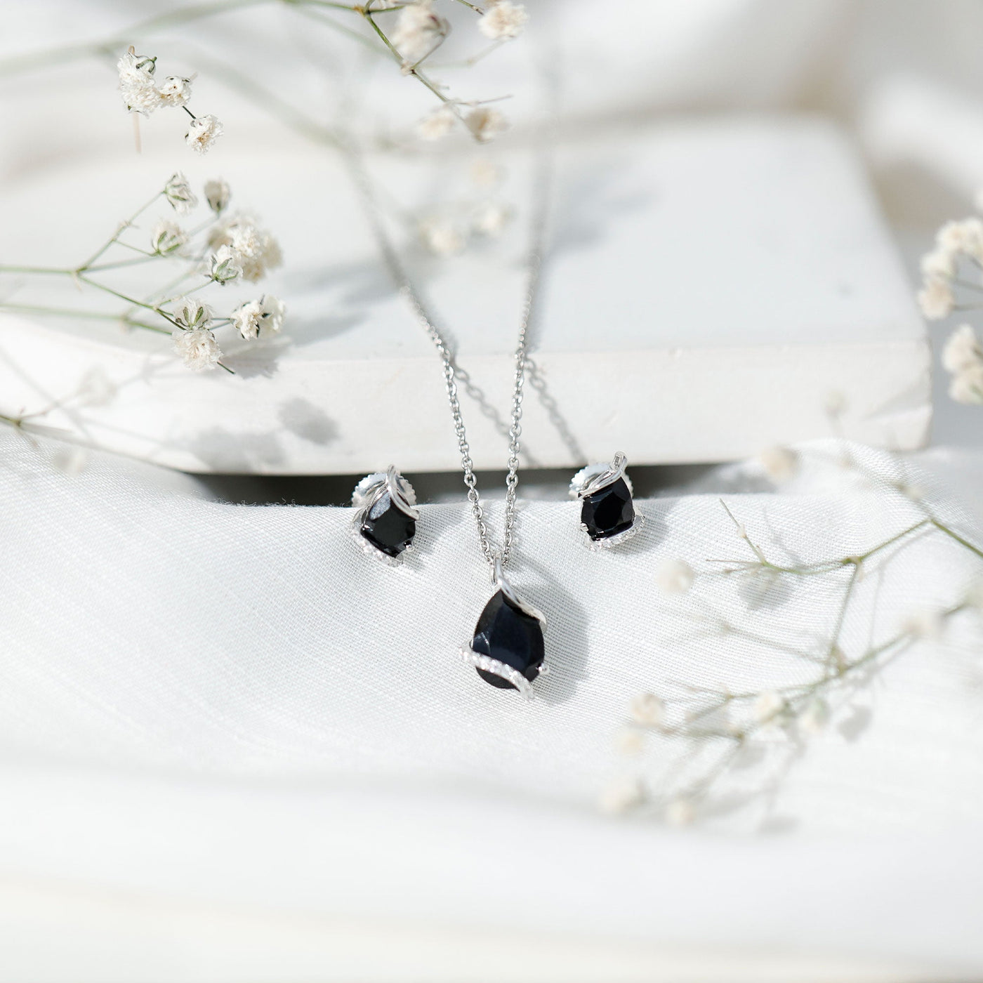 Pear Shaped Black Spinel and Moissanite Teardrop Necklace Earrings Set Rosec Jewels